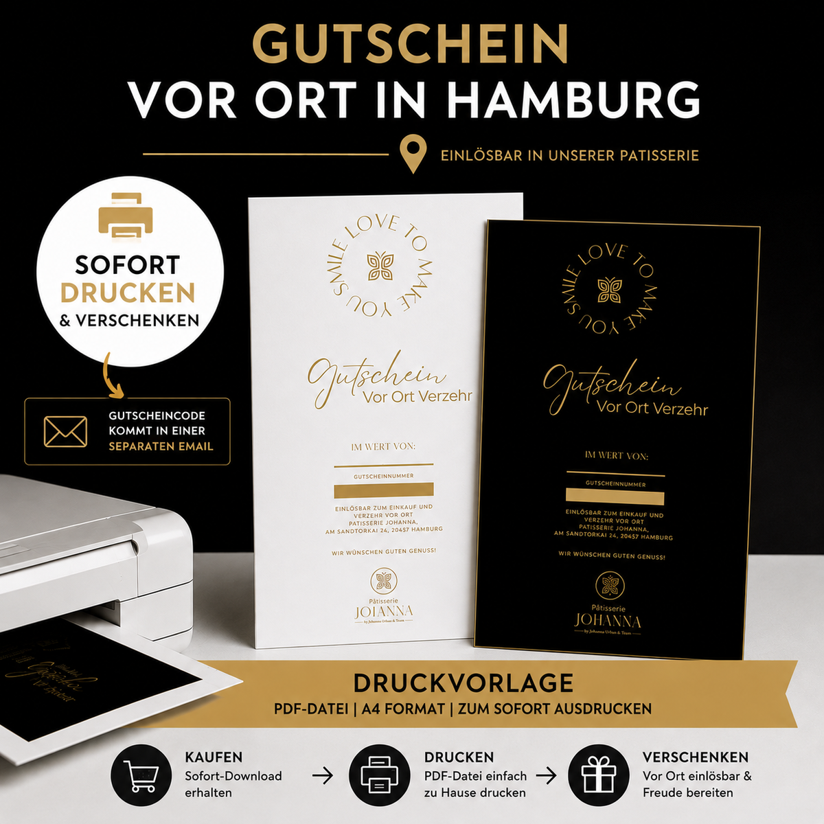 Geschenkgutschein Patisserie Johanna zum sofortigen Ausdruck - nur vor Ort einlösbar, nicht im Onlineshop