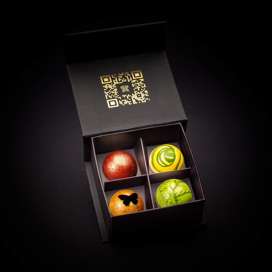 4er Pralinenbox - Asia, Erdnuss Wasabi, Pistazie Basilikum, Signature Praline